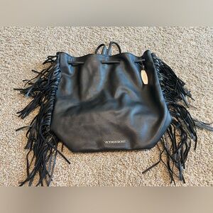 Victoria secret fringe faux leatherer black bag NWT